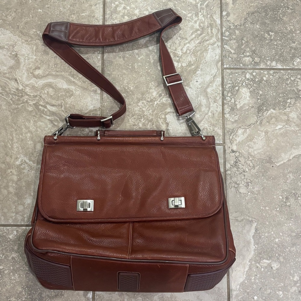 Johnston & Murphy Mens Brown Leather Briefcase Messenger Laptop Bag Turn Lock